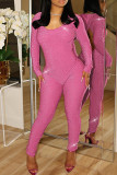 ローズピンクのセクシーなソリッドバックレスフード付き襟スキニージャンプスーツ