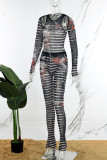 Black Street Stripe Print Hollowed Out Patchwork O Neck Long Sleeve Two Pieces Pants Set
