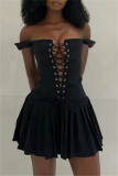Schwarzes, sexy, lässiges, festes, rückenfreies Frenulum-Weste-Kleid mit quadratischem Kragen