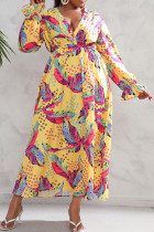 Vestido amarelo elegante floral patchwork com decote em V estampado vestidos plus size