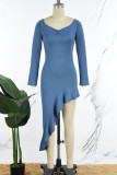 Blå Casual Solid Patchwork Stringy Selvedge V-hals oregelbunden klänning klänningar