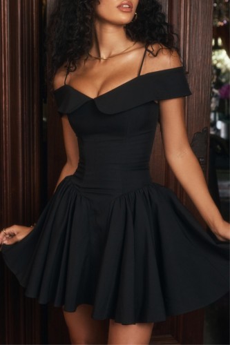 Black Sexy Casual Solid Backless Spaghetti Strap Short Sleeve Dress