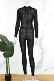 Black Casual Solid Frenulum Half A Turtleneck Skinny Jumpsuits