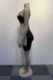 黒のセクシーなパーティーエレガントなパッチワークホットドリルスパゲッティストラップ非対称ドレス