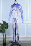 Blauer Skinny-Jumpsuit mit Street-Print, Patchwork und Reißverschluss, halber Rollkragen