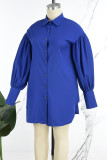 Bleu élégant solide Patchwork boucle fente col de chemise manches longues robes de grande taille