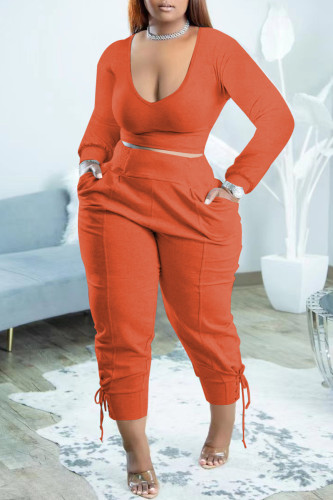 Orange Casual Solid Basic V Neck Plus Size Two Pieces
