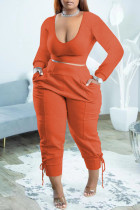 Orange Casual Solid Basic V Neck Plus Size Two Pieces