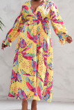 Robe imprimée jaune à col en V en patchwork floral élégant, robes de grande taille