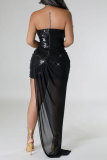 Черное вечернее официальное лоскутное платье с однотонными блестками в стиле пэчворк, расшитое пайетками, сетчатое, однотонное, без бретелек, вечернее платье, платья