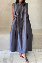 Grijze casual effen patchwork lange jurk met o-hals