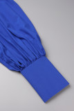 Синие элегантные однотонные лоскутные платья с разрезом и пряжкой, рубашечный воротник с длинными рукавами, платья больших размеров