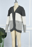 Blue Casual Patchwork Cardigan Contrast Outerwear
