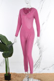 Rose Pink Sexiga solida rygglösa skinny jumpsuits med huva