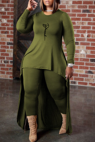 Green Casual Print Asymmetrical O Neck Plus Size Two Pieces