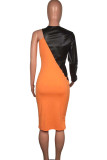 Oranje elegante kleurblok-patchwork-o-hals schede-jurken