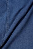 Deep Blue Casual Patchwork Ripped Turndown Collar Long Sleeve Regular Denim Trench Coat Raw Cut Ripped Denim Jacket