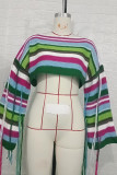 Green Sexy Color Block Tassel Patchwork O Neck Tops