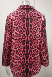 Abrigo elegante patchwork de leopardo botones de bolsillo cuello vuelto talla grande rojo