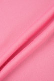 Vestidos de talla grande de manga larga con cuello camisero ahuecado liso sexy rosa