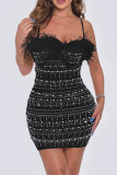 Black Sweet Daily Party Elegant Formal Beading Hot Drill Spaghetti Strap Dresses