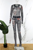 Black Street Stripe Print Hollowed Out Patchwork O Neck Long Sleeve Two Pieces Pants Set