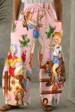 Roze casual print patchwork zak normale hoge taille conventionele volledige print broek