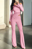 Розовый сексуальный однотонный лоскутный комплект из двух предметов с открытыми плечами и длинными рукавами