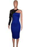 ブルーのエレガントなカラーブロックパッチワークOネックシースドレス