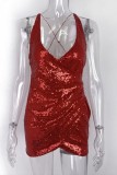 赤いセクシーなパッチワーク スパンコール バックレス V ネック スリング ドレス ドレス