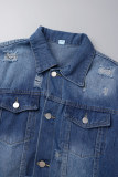 Deep Blue Casual Patchwork Ripped Turndown Collar Long Sleeve Regular Denim Trench Coat Raw Cut Ripped Denim Jacket