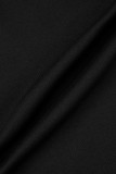 Schwarze, sexy, solide, ausgehöhlte Patchwork-Hemdkragen-Langarmkleider in Übergröße