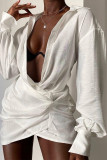 Robes blanches sexy décontractées à manches longues et col rabattu en patchwork uni