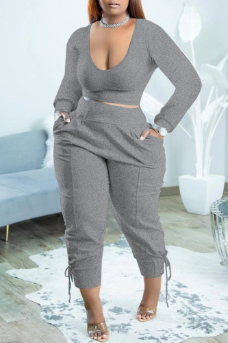 Grey Casual Solid Basic V Neck Plus Size Two Pieces