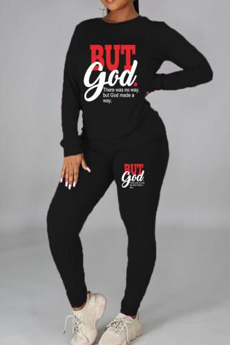 Black Casual Print Patchwork O Neck Long Sleeve Two Pieces