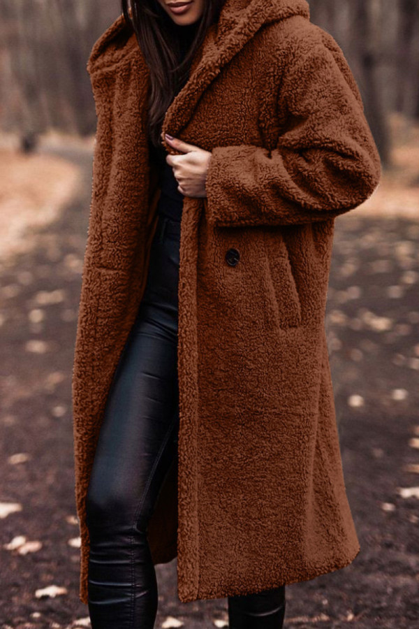 Bruin casual effen vest met capuchon en kraag bovenkleding