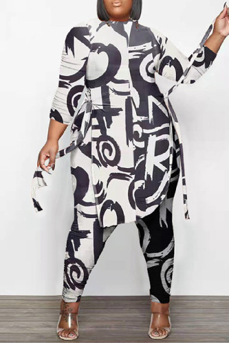 Black White Casual Print Frenulum O Neck Plus Size Two Piece Set