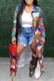 Cappotto a colori con stampa casual patchwork colletto con risvolto taglie forti (soggetto all'oggetto reale)