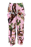 Pantaloni con stampa convenzionale a vita alta regolari con tasca patchwork con stampa casual rosa