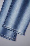 Blauw straatgestreepte patchwork zakknopen rits midden taille boot-cut denim jeans