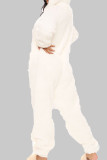 Weiße, lässige, einfarbige, reguläre Jumpsuits mit Patchwork-Reißverschluss und Kapuzenkragen