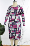 Vestido estampado multicolorido elegante em bloco colorido patchwork com decote em O Vestidos plus size