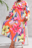 Tangerine elegante bloemen patchwork jurk met V-hals en print, plus maten jurken