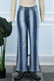 Blaue Street-Jeans aus gestreiftem Patchwork-Patchwork mit Taschen, Knöpfen, Reißverschluss und mittelhohem Boot-Cut-Denim