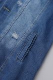 Jaqueta jeans regular de manga comprida com gola aberta rasgada casual azul profundo