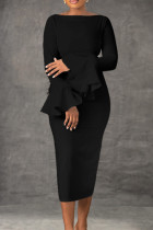 Vestidos de saia lápis preto elegante sólido patchwork com zíper e pescoço em O
