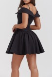 Black Sexy Casual Solid Backless Spaghetti Strap Short Sleeve Dress