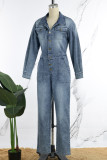Light Blue Casual Solid Patchwork Turndown Collar Long Sleeve Washed Skinny Denim Jumpsuits
