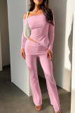 Розовый сексуальный однотонный лоскутный комплект из двух предметов с открытыми плечами и длинными рукавами