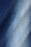 Blaue Street-Jeans aus gestreiftem Patchwork-Patchwork mit Taschen, Knöpfen, Reißverschluss und mittelhohem Boot-Cut-Denim